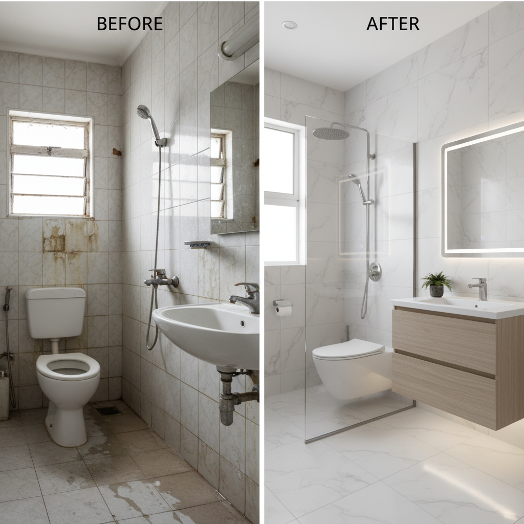 Before and after comparison of a bathroom renovation