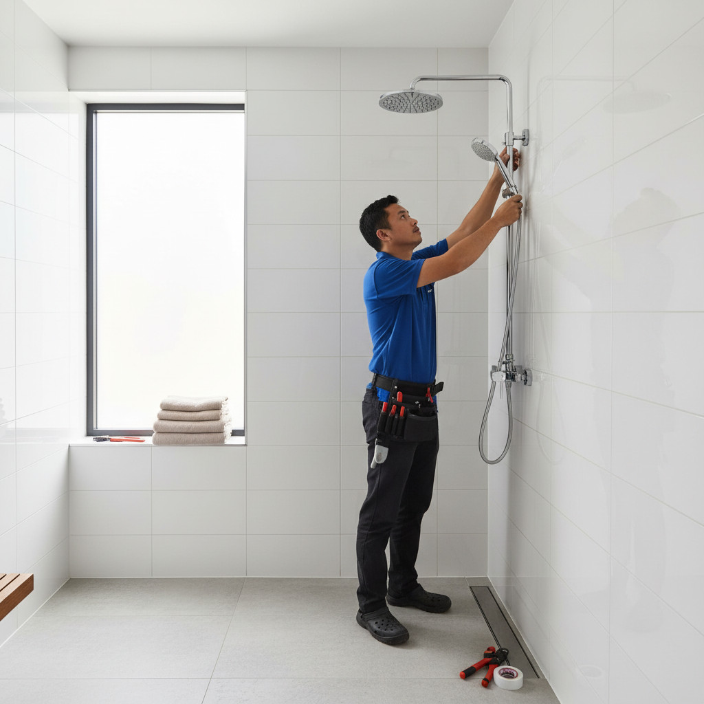 Professional plumber installing bathroom fittings