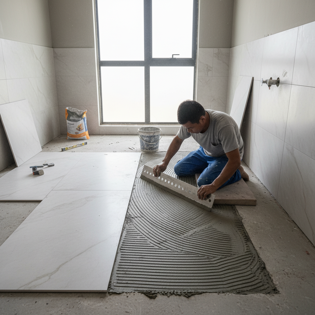 Worker installing bathroom wall tiling