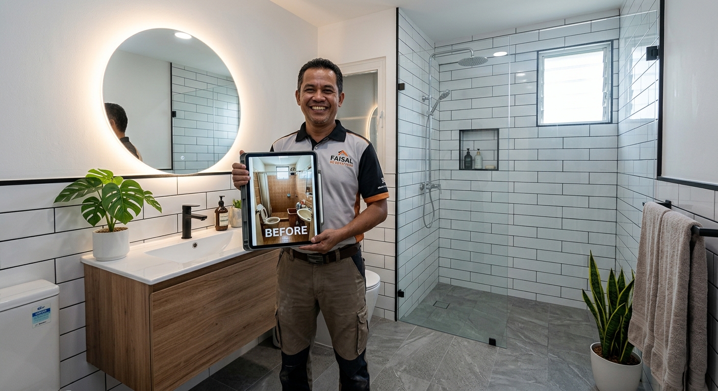 BathBro contractor holding a before photo in a finished modern bathroom